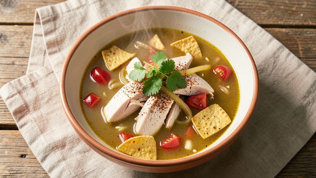 Basic Chicken Tortilla Soup Recipe: Crispy Corn Topping Over Smoky Spice Broth