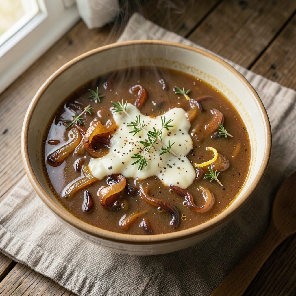 All-Day French Onion Soup Recipe: Toasted Caramelized Onions and Gruyère Clouds