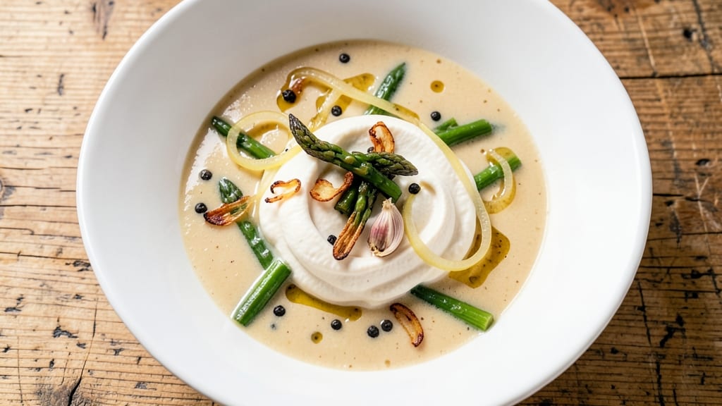 Asparagus No-Dairy Soup Recipe: Silky Plant-Based Richness With Crispy Celery Topping