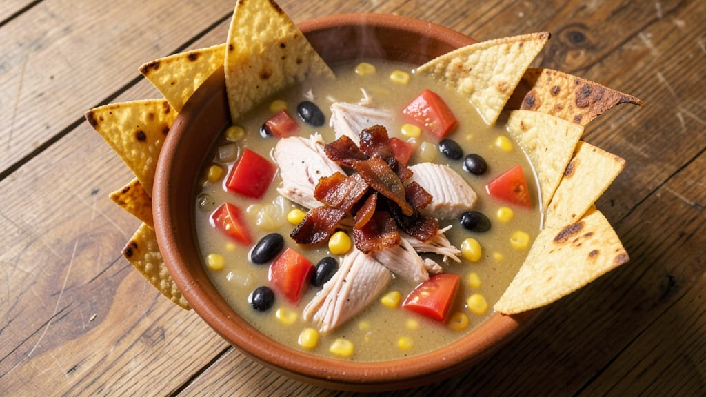 BJ's Restaurant Tortilla Soup Recipe: Crispy Tortilla Strips Over Zesty Tomato-Bacon Broth